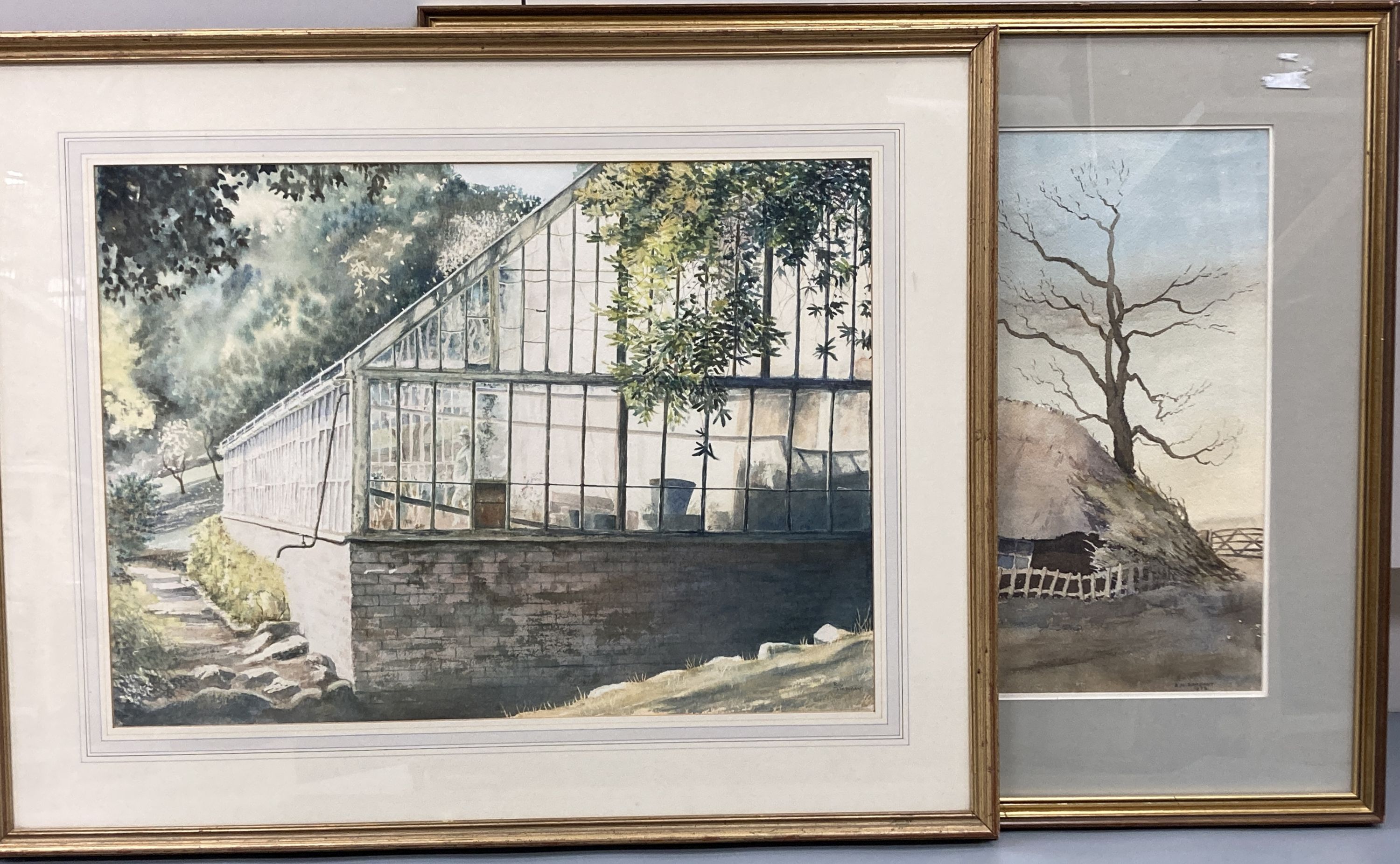 A.N. Sargant, watercolour, Thatched cottage, signed and dated 1972, 42 x 53cm and a watercolour of a greenhouse by Roy Stedman, 41 x 55